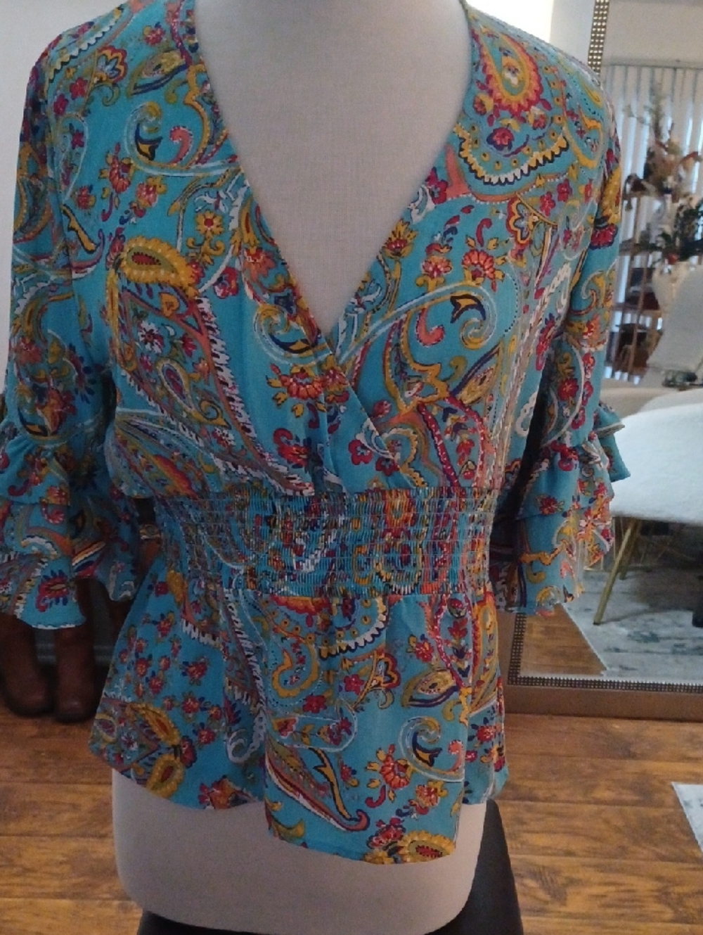 New York & Company Teal Paisley V-Neck Smocked Waist Blouse